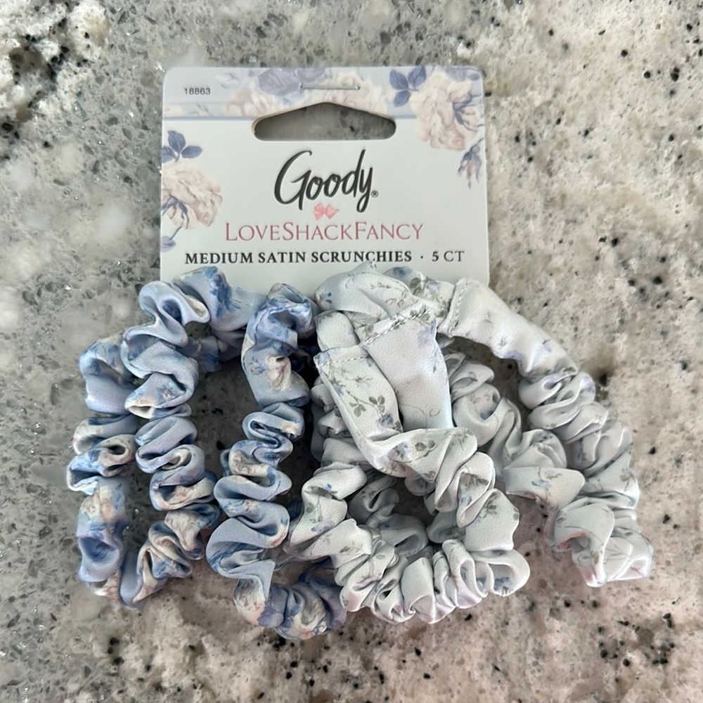 LoveShackFancy Floral Satin Scrunchies - Blue and White